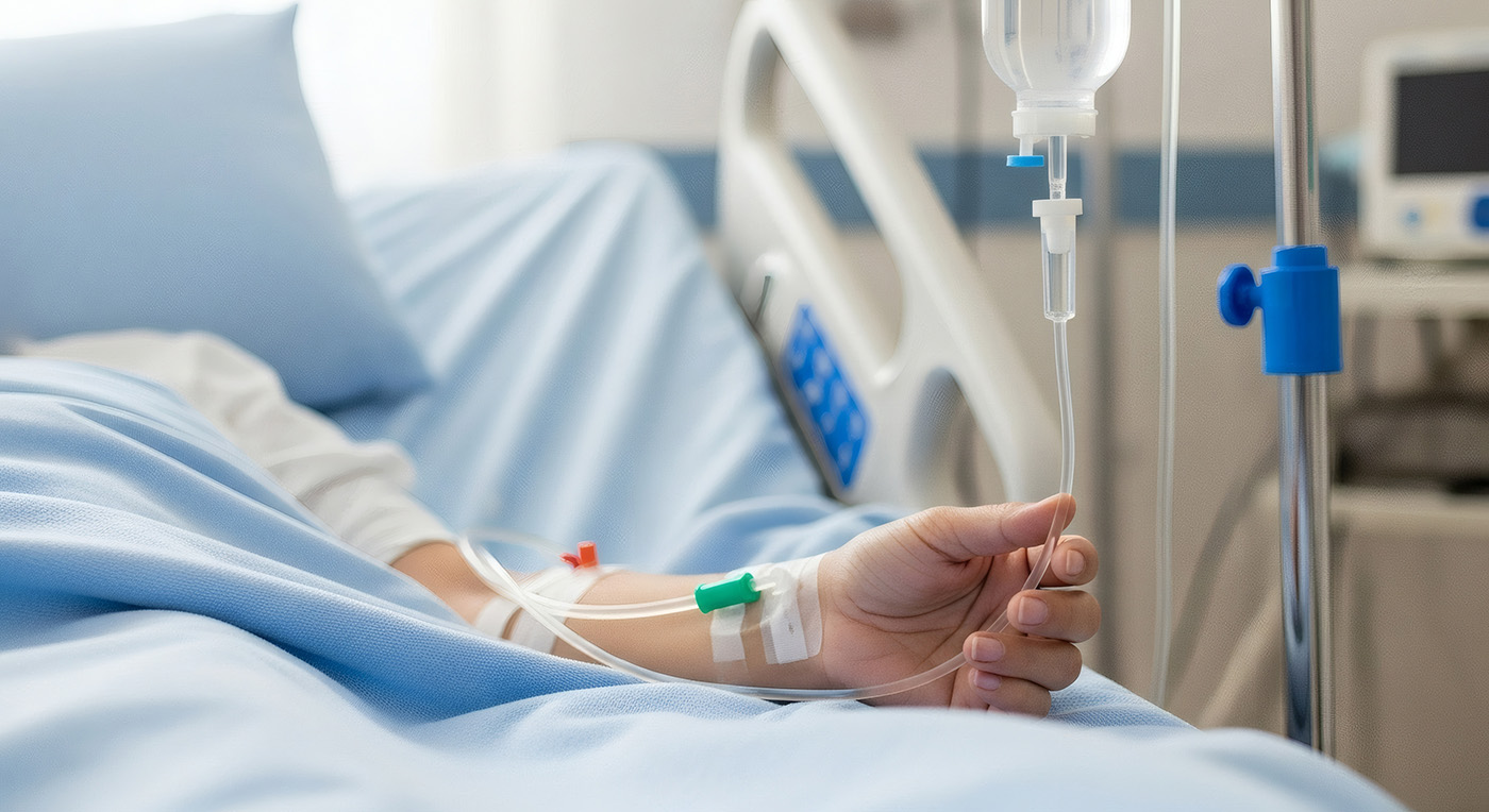 Eine Hand liegt auf einer Bettdecke, während ein Tropf an einem IV-Schlauch befestigt ist, was auf eine medizinische Behandlung hinweist.